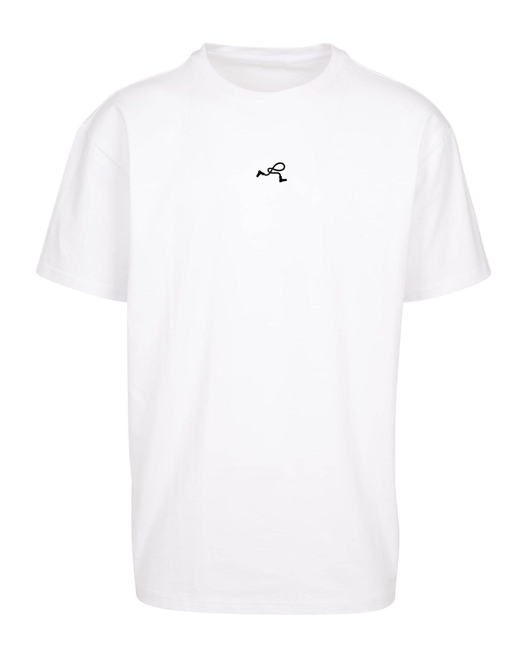 weißes oversized T-SHirt in weiß von vorne mit schwarzem Rollo Socks Label mittig auf der Brust