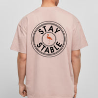 Person von hinten mit oversized T-Shirt in lightrose mit schwarzem Oversized Stay Stable und Flamingo Print