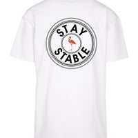 oversized T-Shirt in weiß mit schwarzem Oversized Stay Stable und Flamingo Print