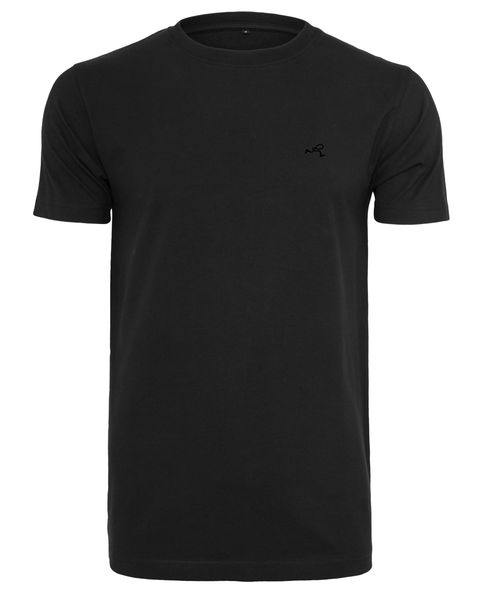 Basic T-Shirt in schwarz von vorne mit kleinem schwarzem Rollo Socks Label auf der Brust