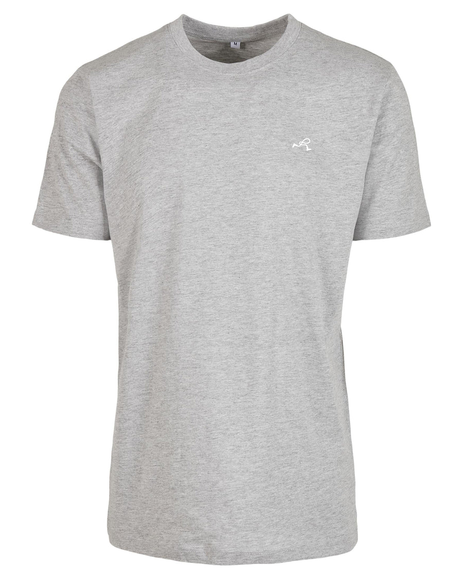 Basic T-Shirt in grau von vorne mit kleinem weißen Rollo Socks Label auf der Brust