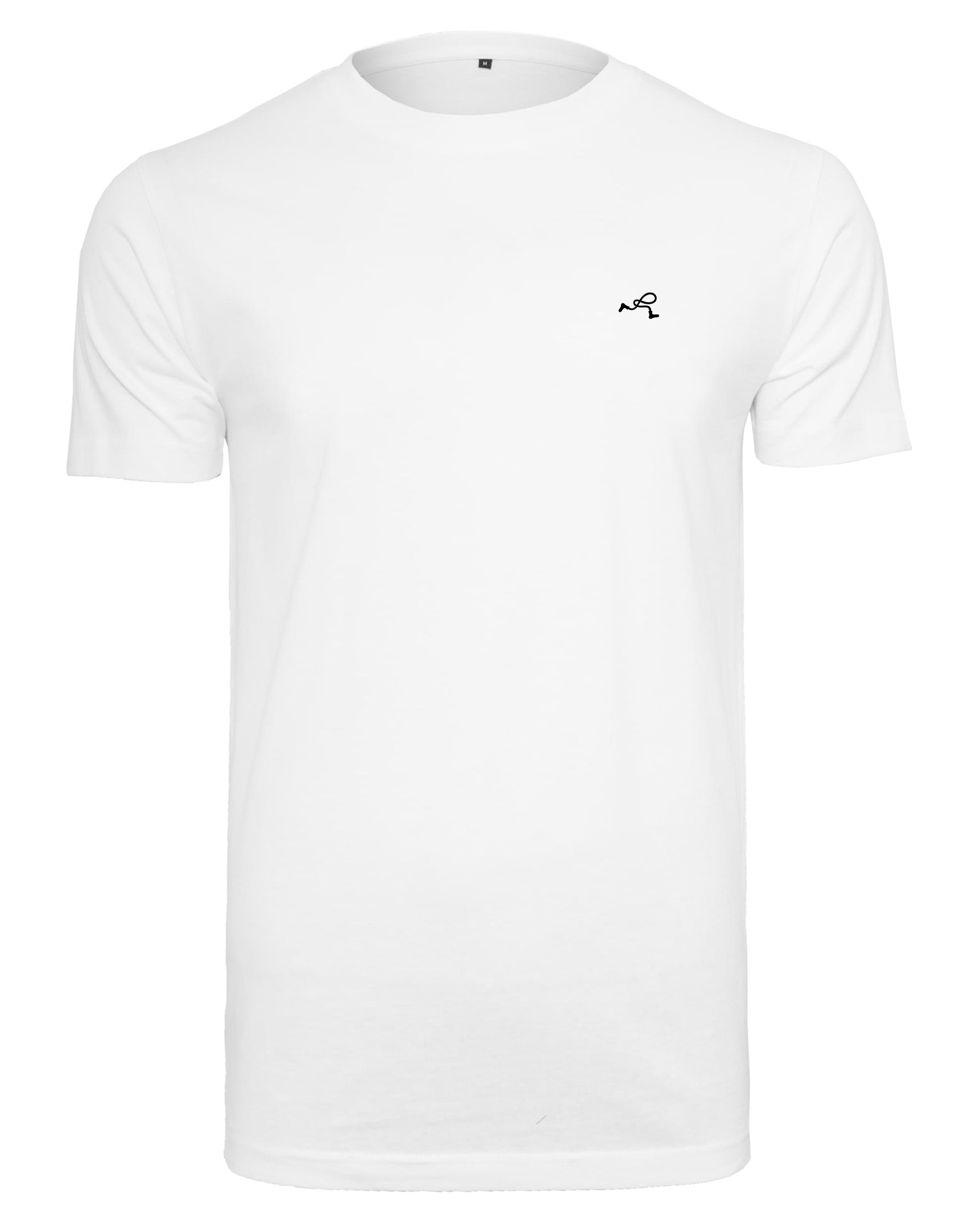 weißes basic T-Shirt von vorne mit kleinem schwarzen Rollo Socks Label auf der Brust