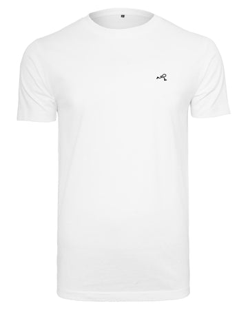 weißes basic T-Shirt von vorne mit kleinem schwarzen Rollo Socks Label auf der Brust