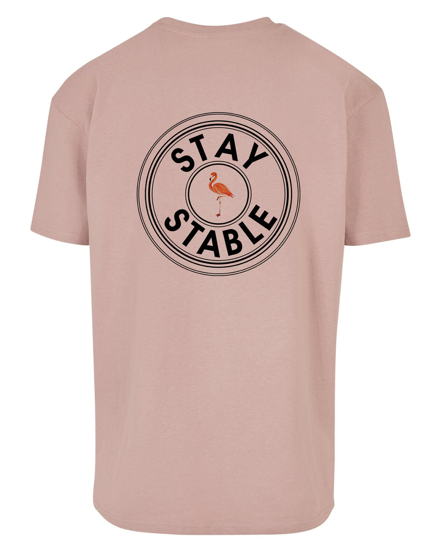 oversized T-Shirt von hinten in lightrose mit schwarzem Oversized Stay Stable und Flamingo Print